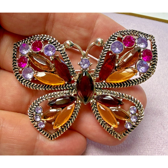Monet Jewelry - Monet Silver Tone Jewel Tones Purple Pink Amber Rhinestone BUTTERFLY Brooch Pin